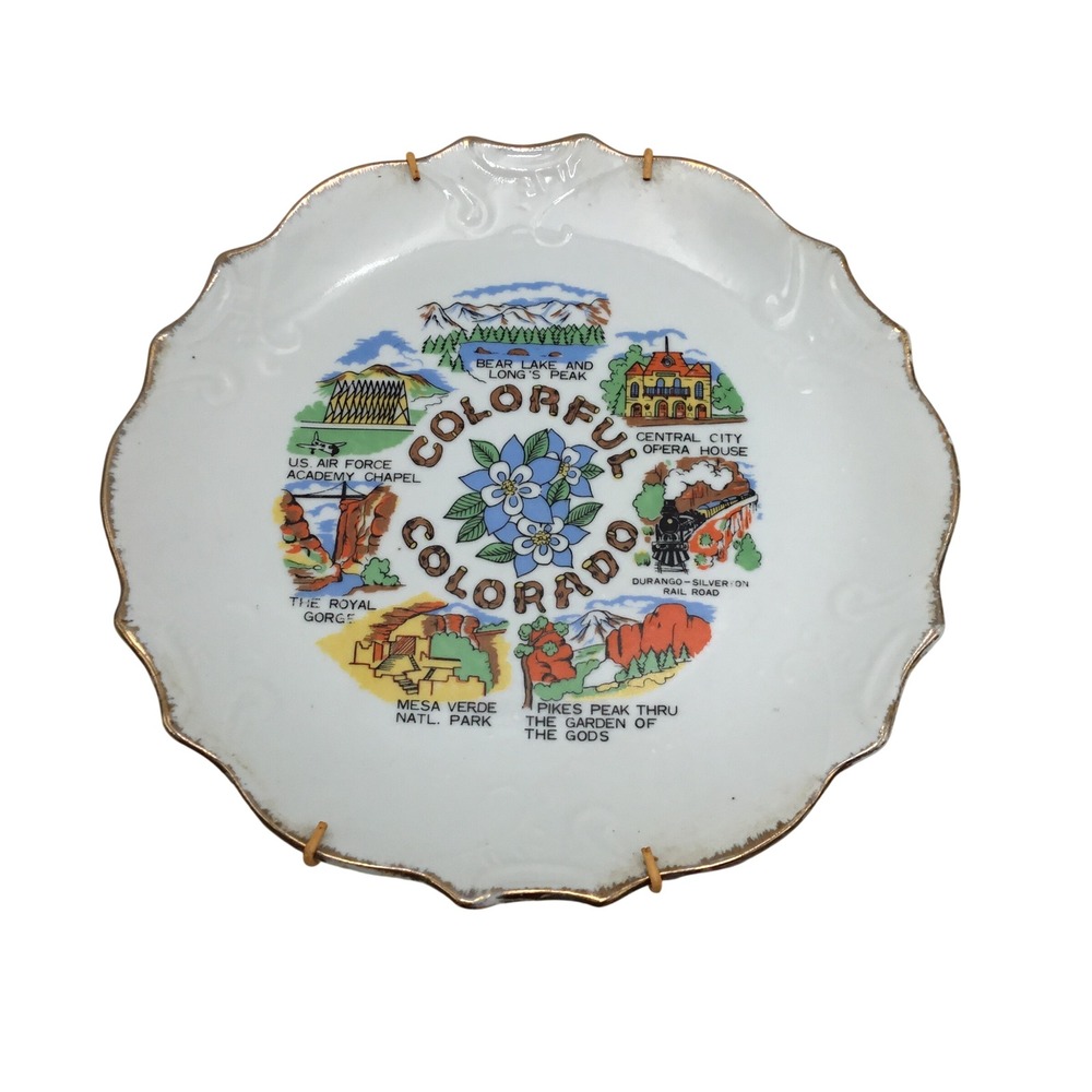 Vintage Colorful Colorado Souvenir Collector Plate Scalloped Gold Trim 8.25"